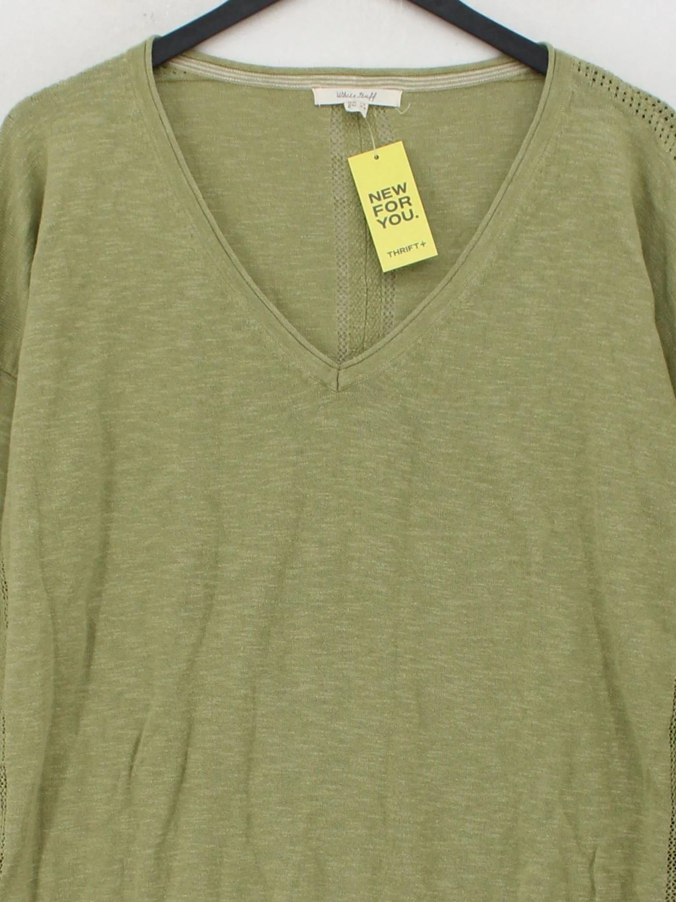 White Stuff Women's Jumper UK 16 Green Cotton with Linen V-Neck Pullover - Image 3