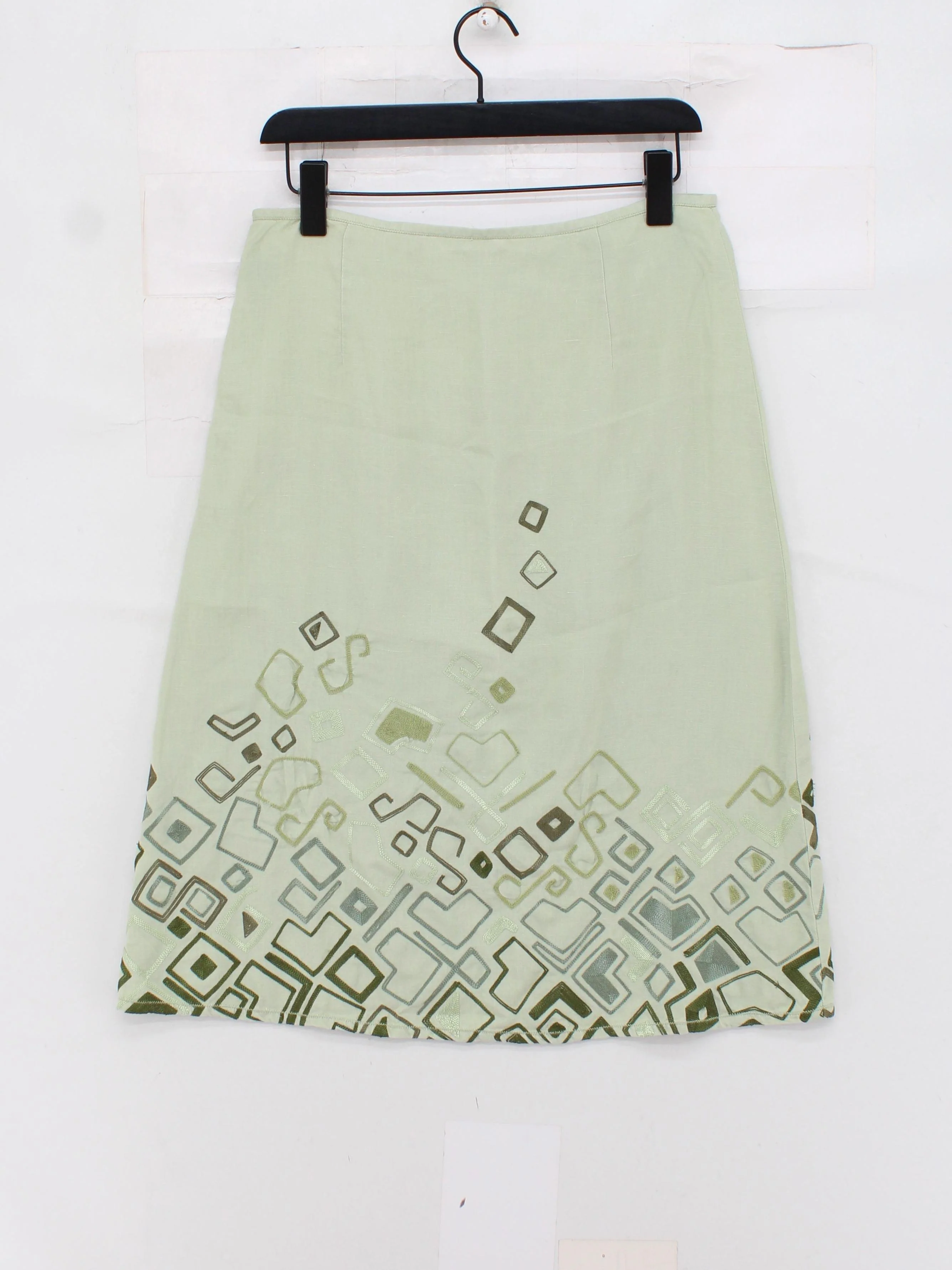 White Stuff Women's Midi Skirt UK 12 Green Geometric 100% Linen Midi A-Line - Image 2