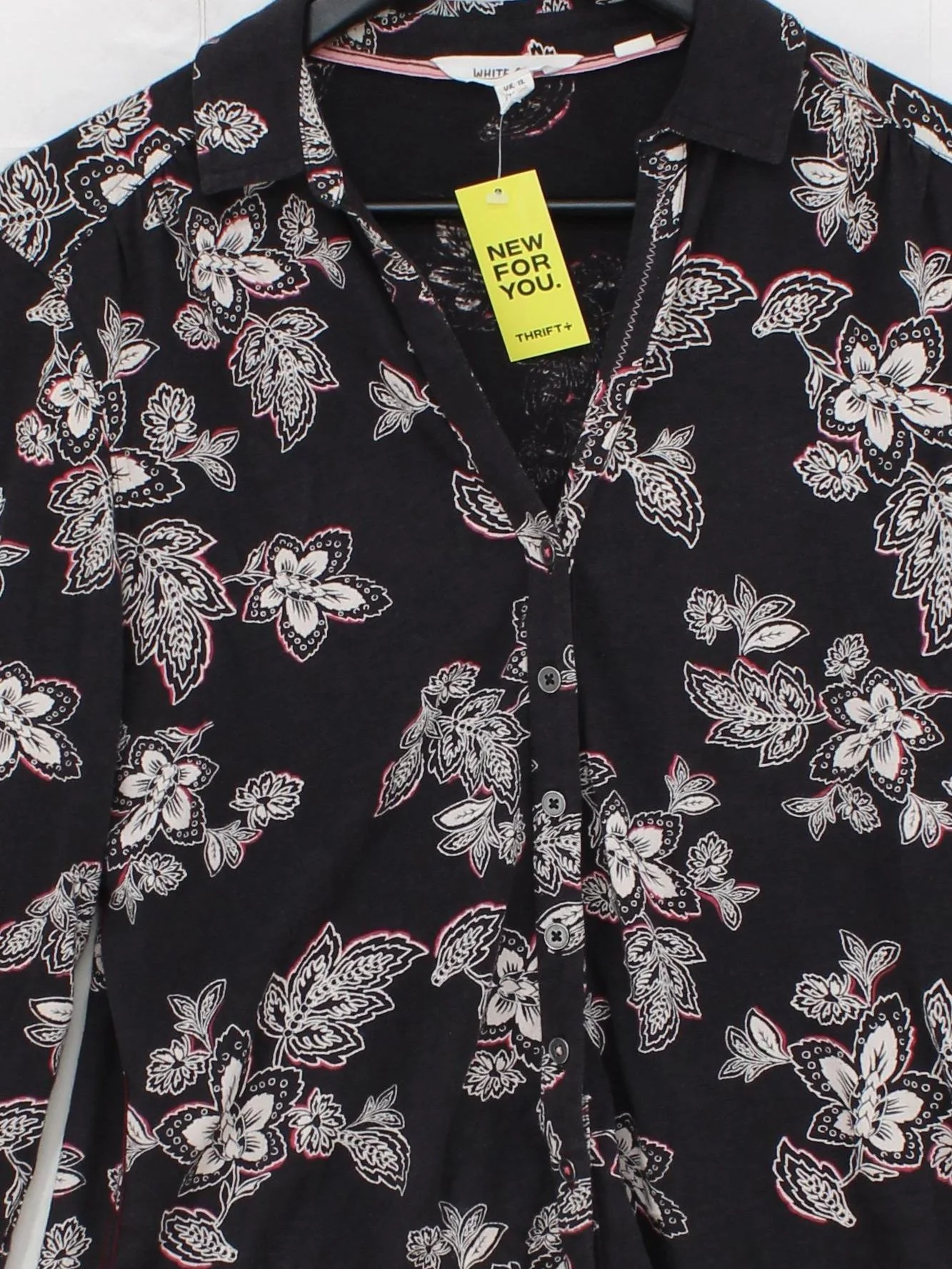 White Stuff Women's Shirt M Black Floral 100% Cotton Long Sleeve Collared Basic - Image 3