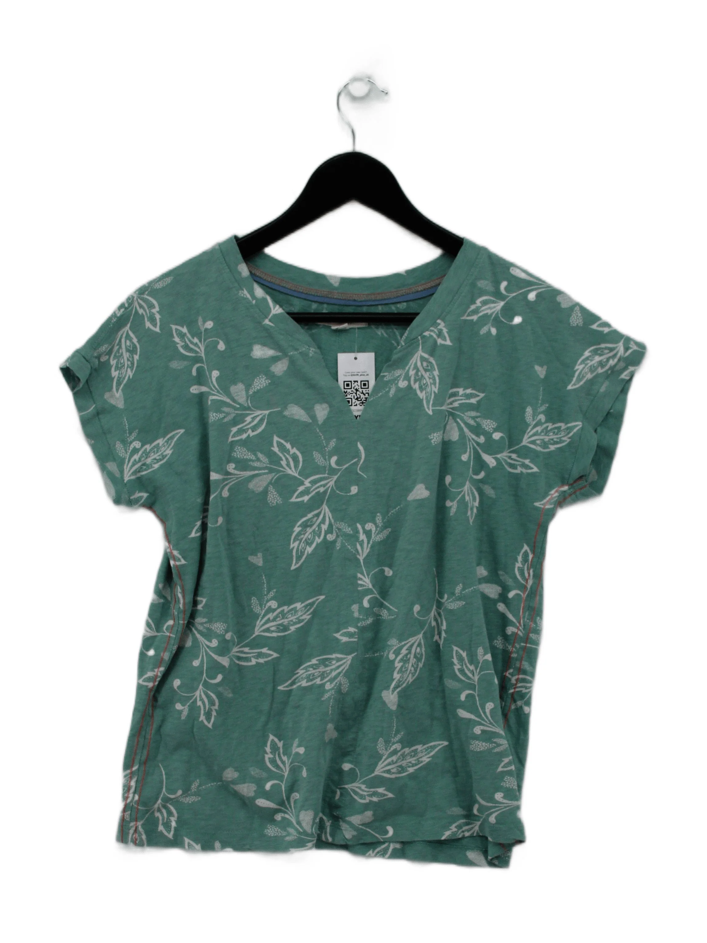 White Stuff Women's T-Shirt S Green Floral 100% Cotton Short Sleeve V-Neck Basic