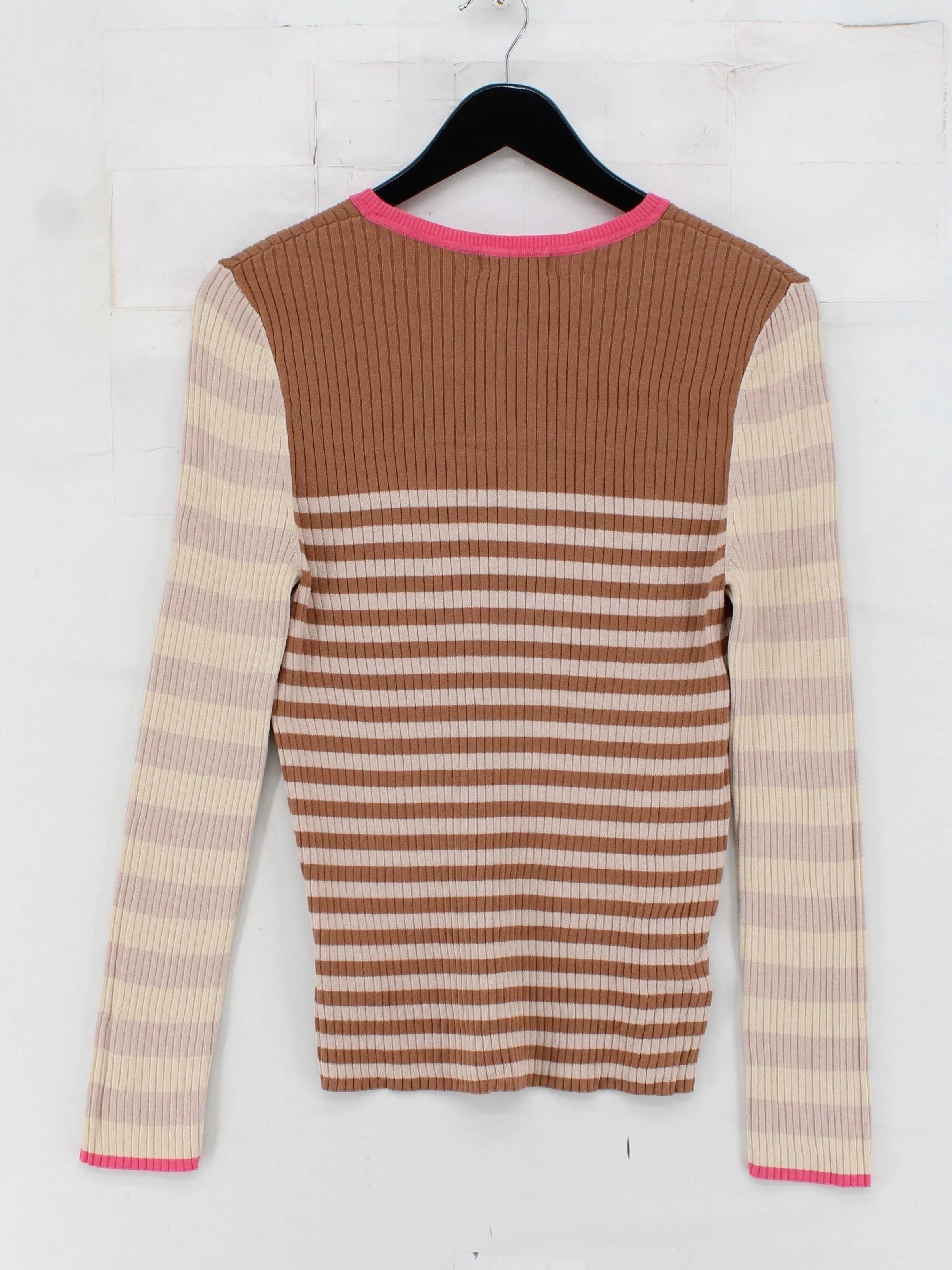 White Stuff Women's Top L Brown Striped 100% Cotton Long Sleeve Round Neck Basic - Image 2