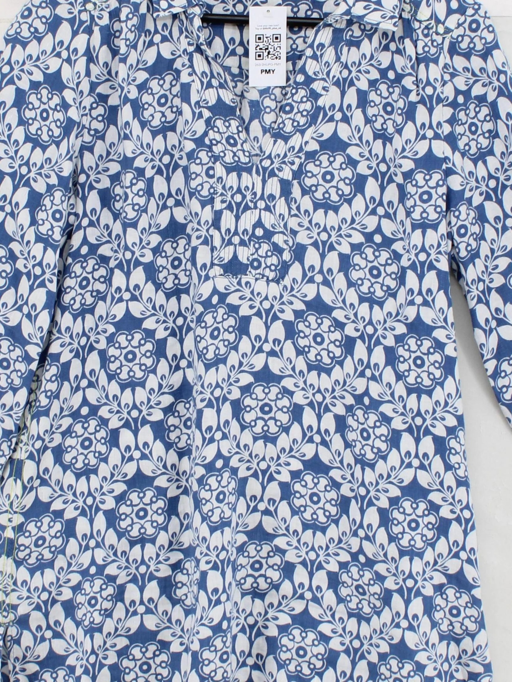 White Stuff Women's Top M Blue Floral 100% Linen 3/4 Sleeve Collared Tunic - Image 3