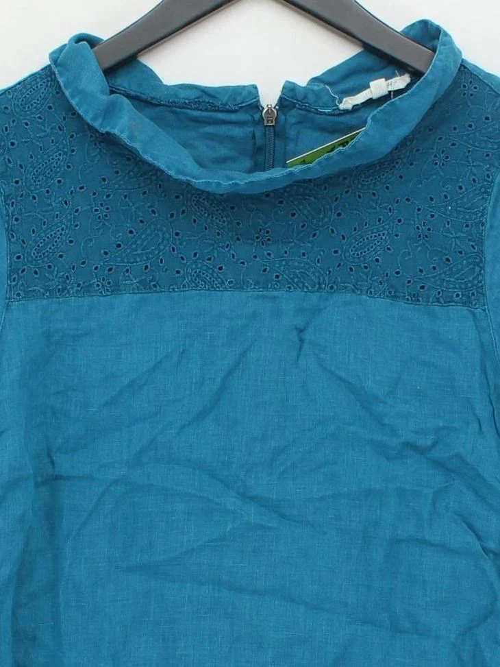 White Stuff Women's Top UK 10 Blue Linen with Cotton Short Sleeve Collared Basic - Image 3