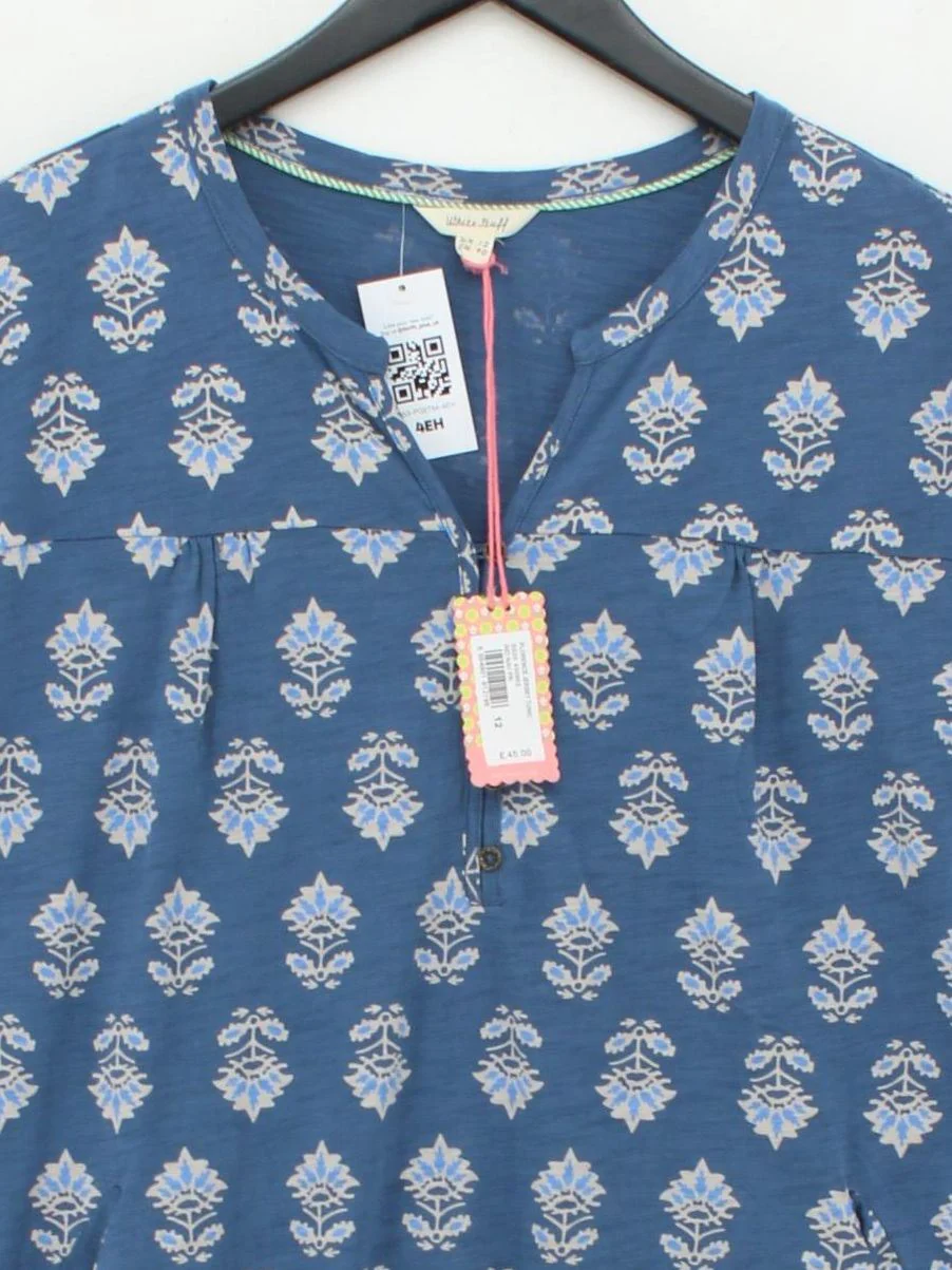 White Stuff Women's Top UK 12 Blue Floral 100% Cotton Short Sleeve V-Neck Basic - Image 3