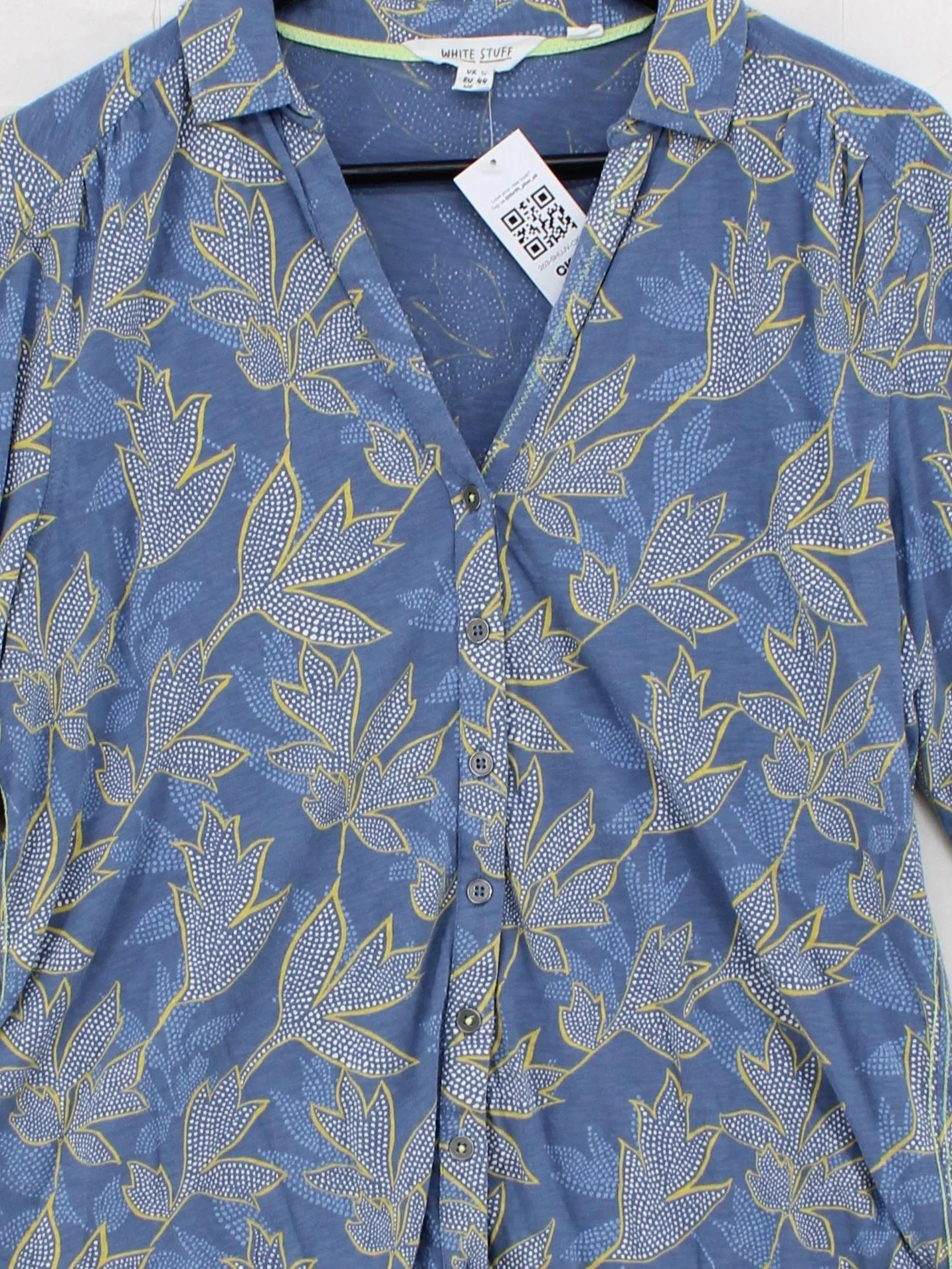 White Stuff Women's Top UK 16 Blue Floral 100% Cotton Long Sleeve Collared Basic - Image 3