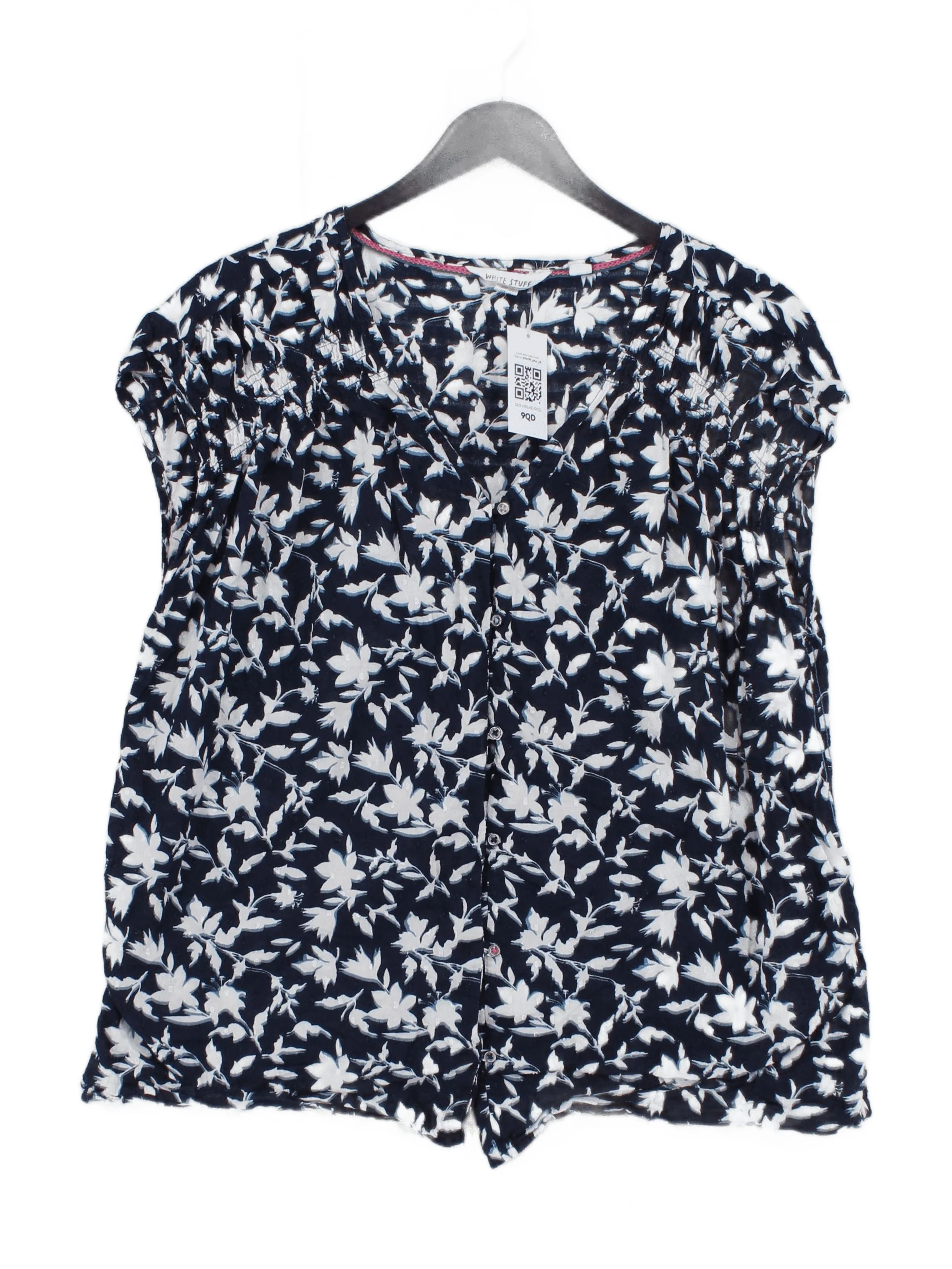 White Stuff Women's Top UK 16 Blue Floral 100% Cotton Short Sleeve V-Neck Basic