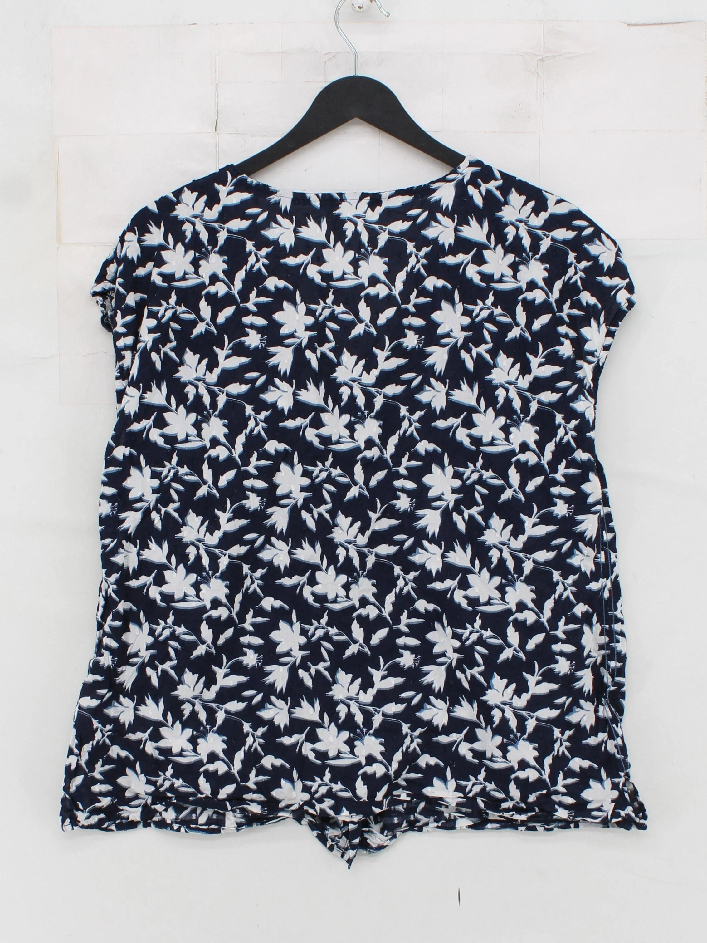 White Stuff Women's Top UK 16 Blue Floral 100% Cotton Short Sleeve V-Neck Basic - Image 2