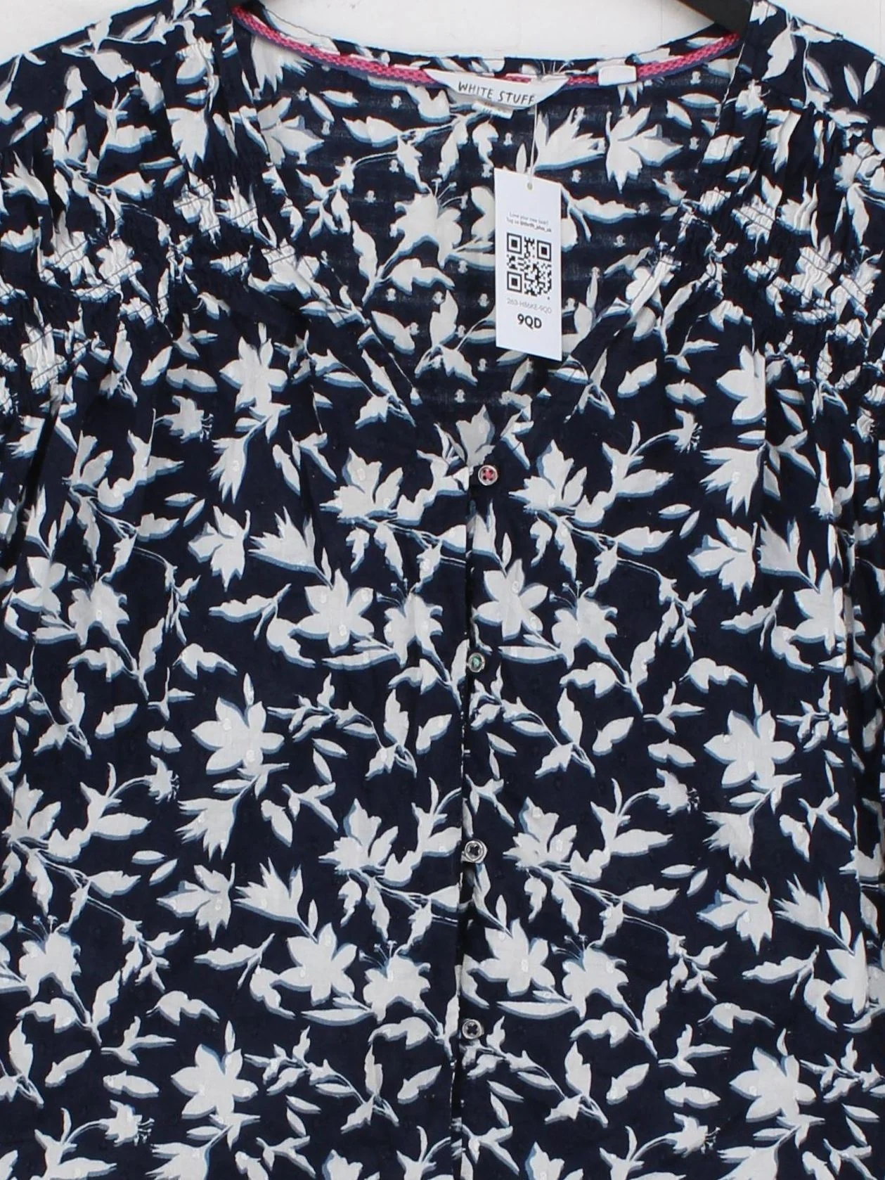 White Stuff Women's Top UK 16 Blue Floral 100% Cotton Short Sleeve V-Neck Basic - Image 3