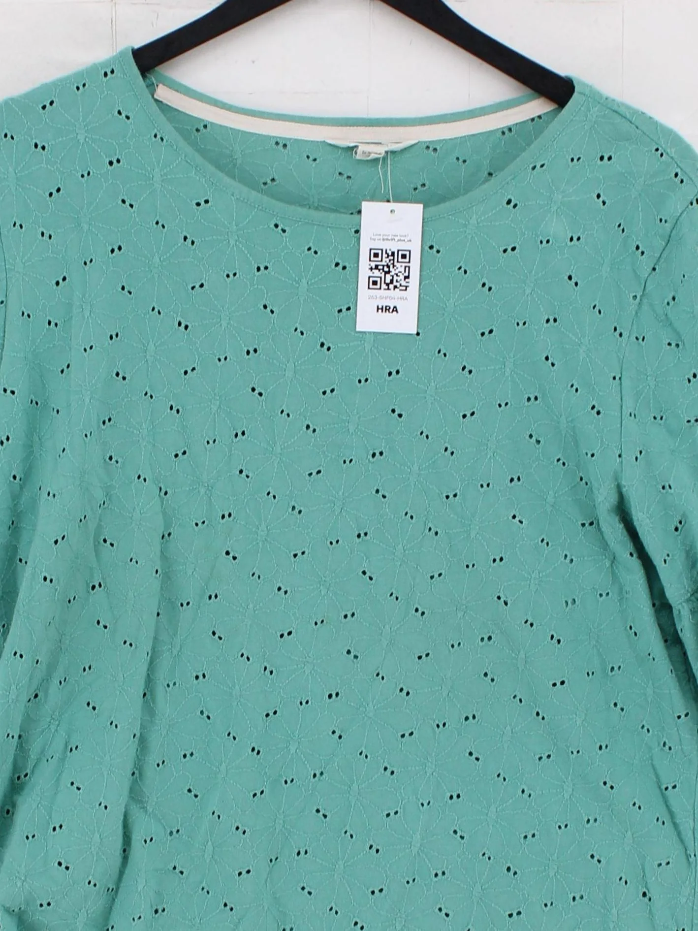 White Stuff Women's Top UK 16 Green 100% Cotton 3/4 Sleeve Round Neck Basic - Image 3