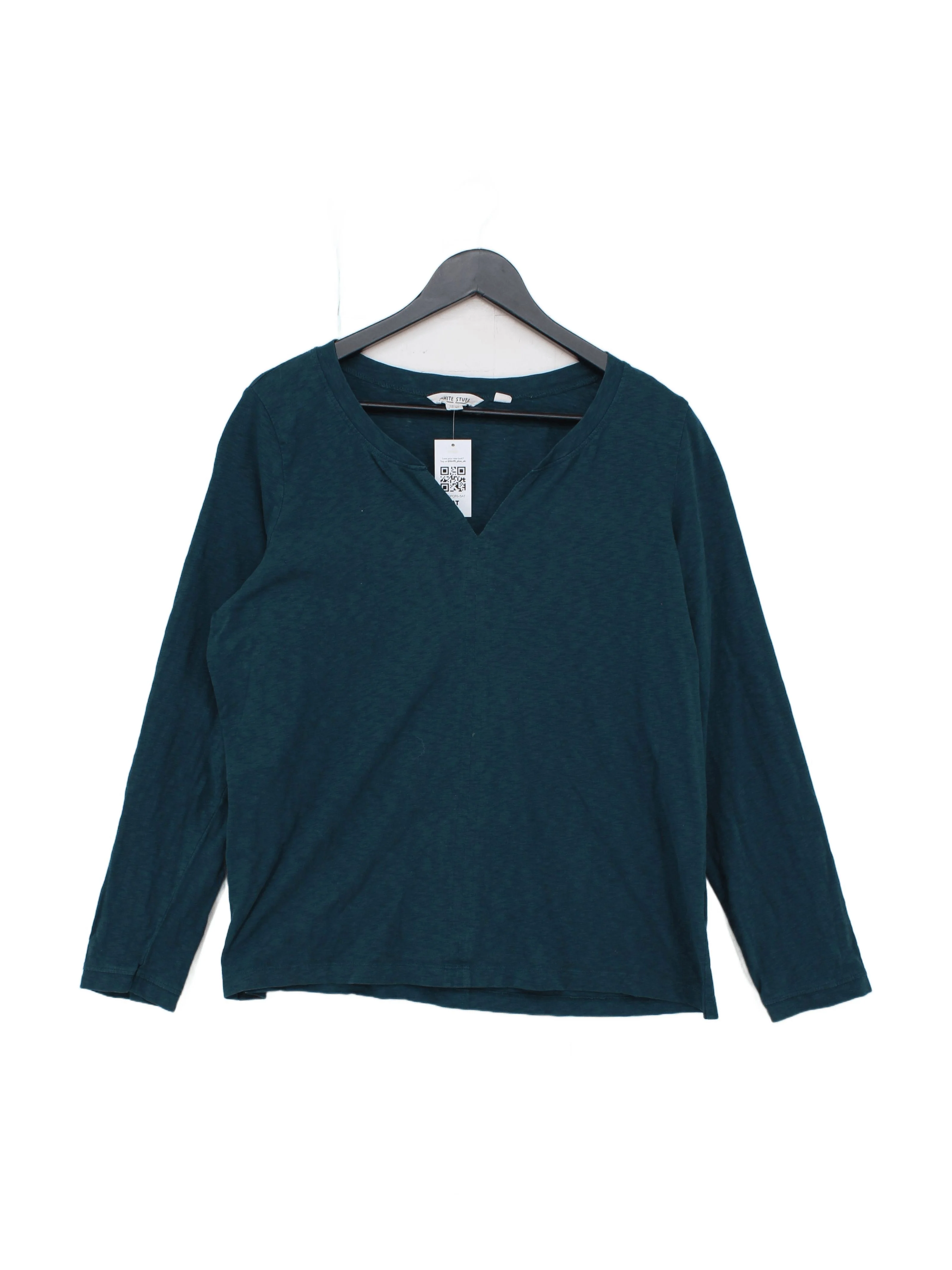 White Stuff Women's Top UK 16 Green 100% Cotton Long Sleeve V-Neck Basic