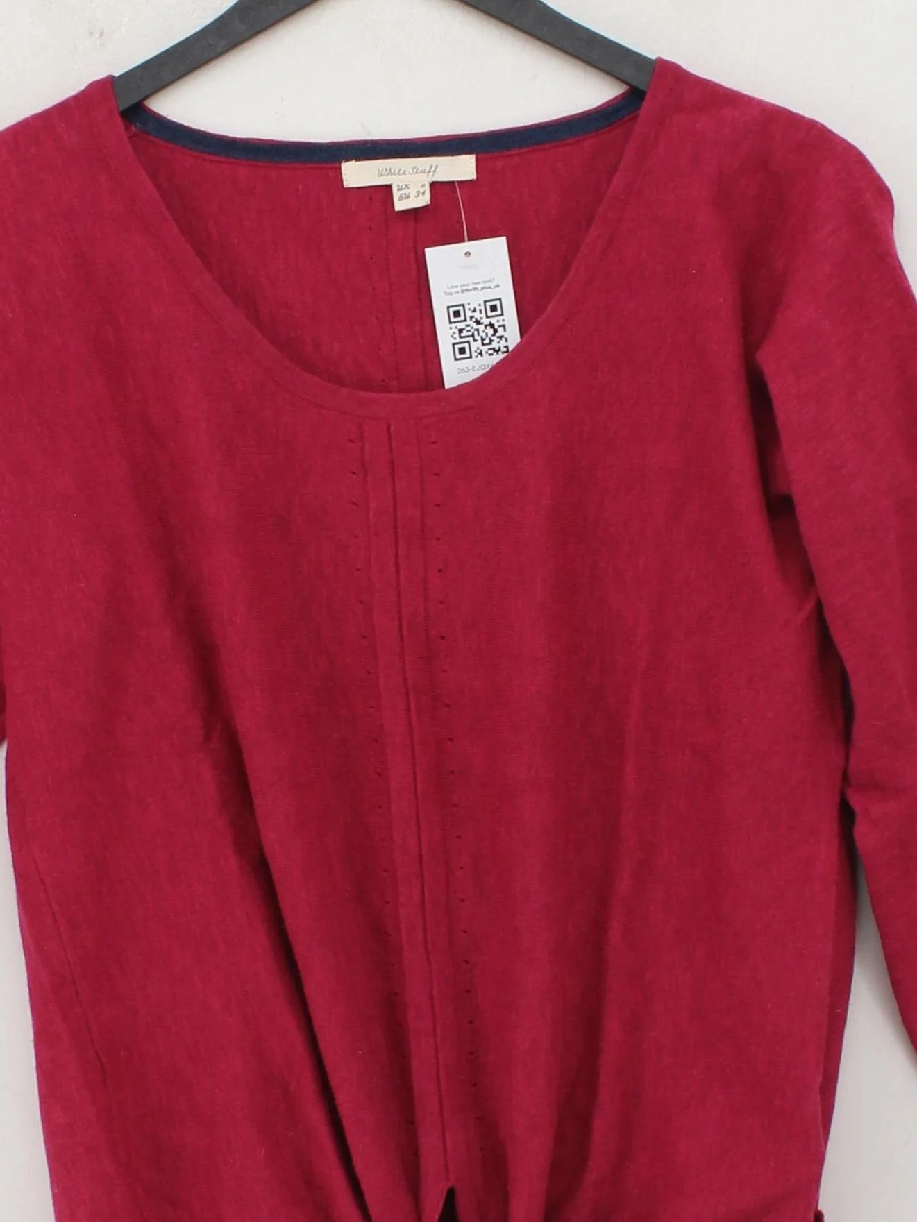 White Stuff Women's Top UK 6 Red Cotton with Wool 3/4 Sleeve Round Neck Basic - Image 3