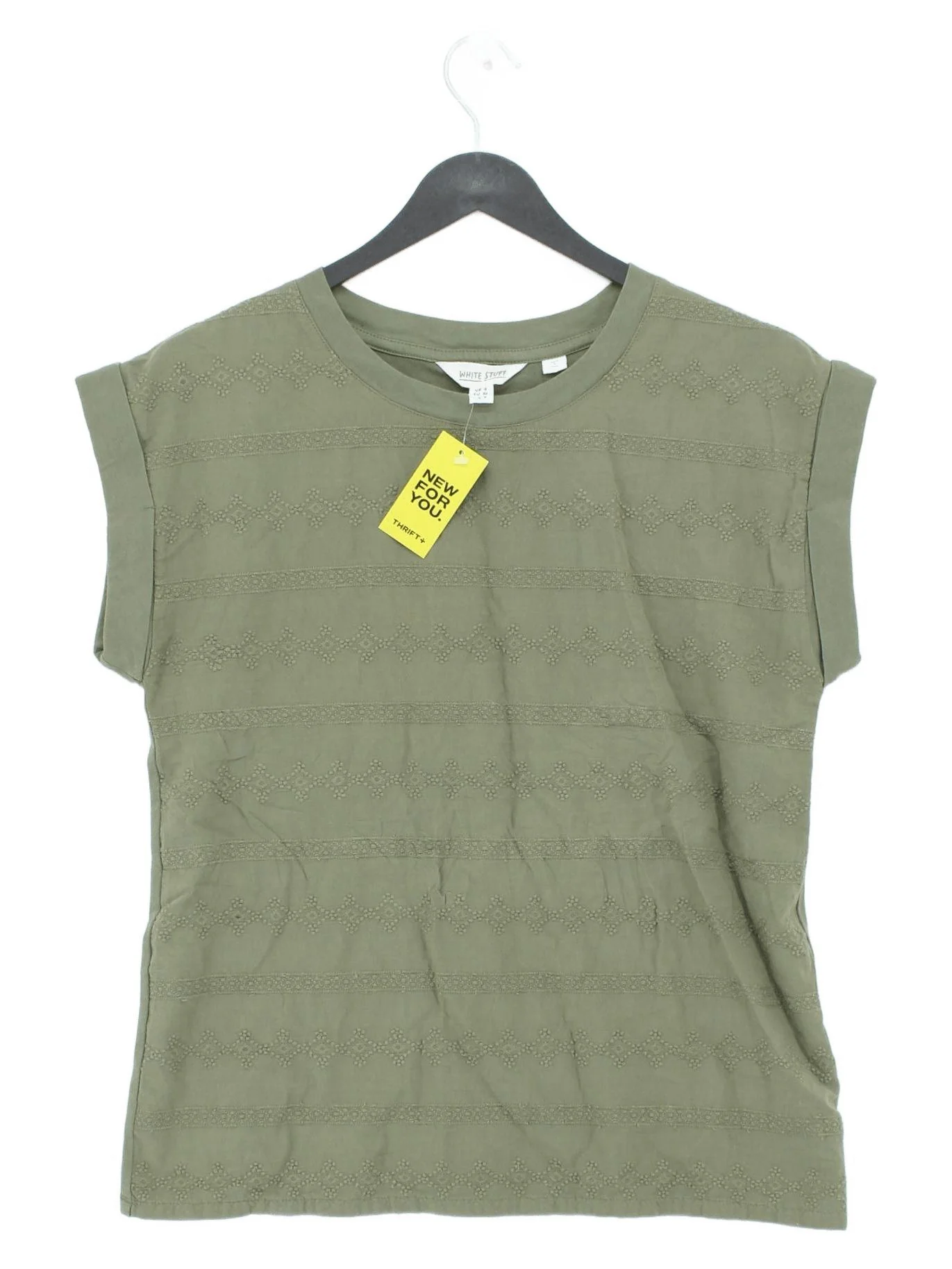 White Stuff Women's Top UK 8 Green 100% Cotton Short Sleeve Round Neck Basic