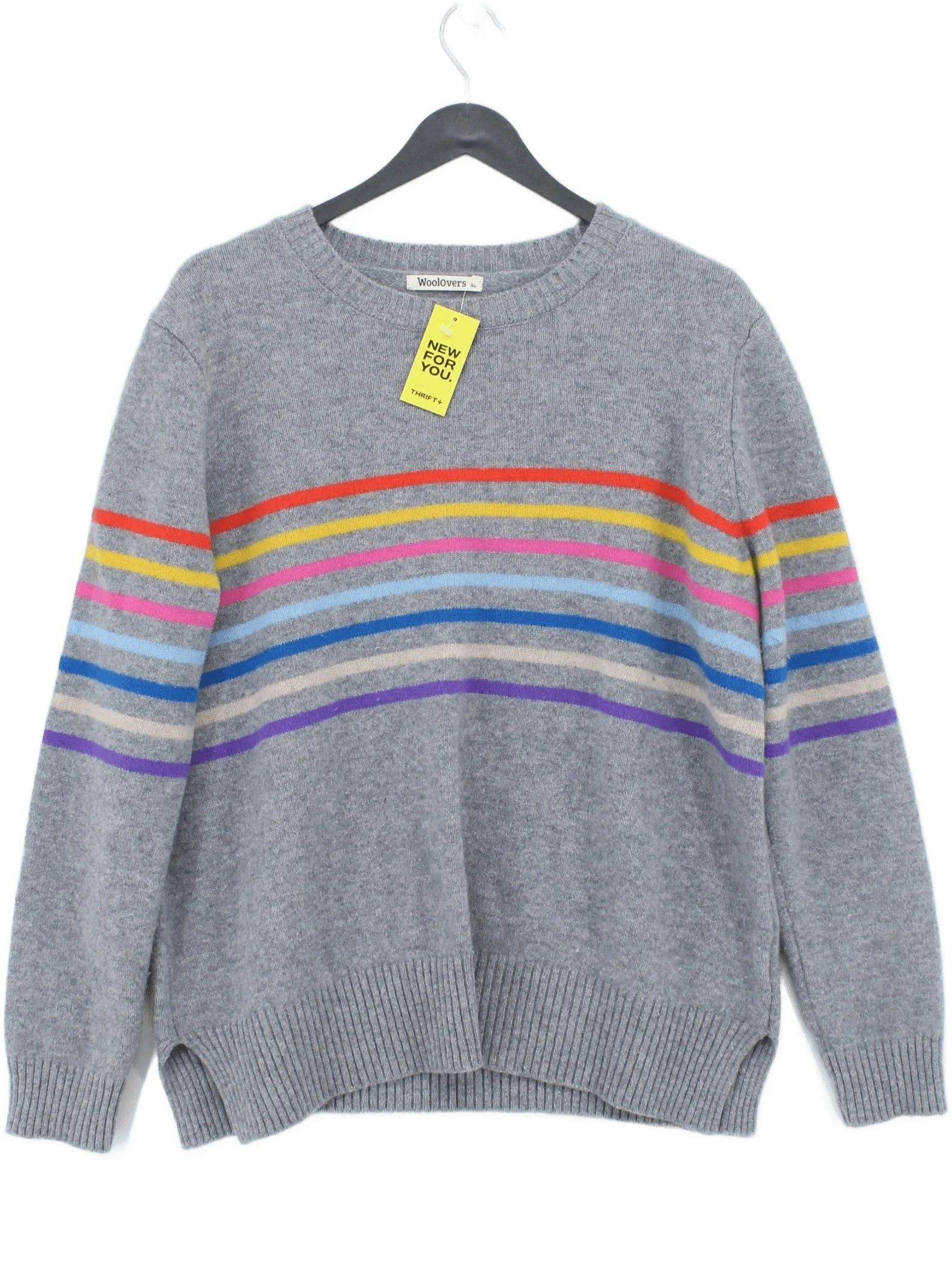 Woolovers Women's Jumper XL Grey Striped 100% Wool Crew Neck Pullover