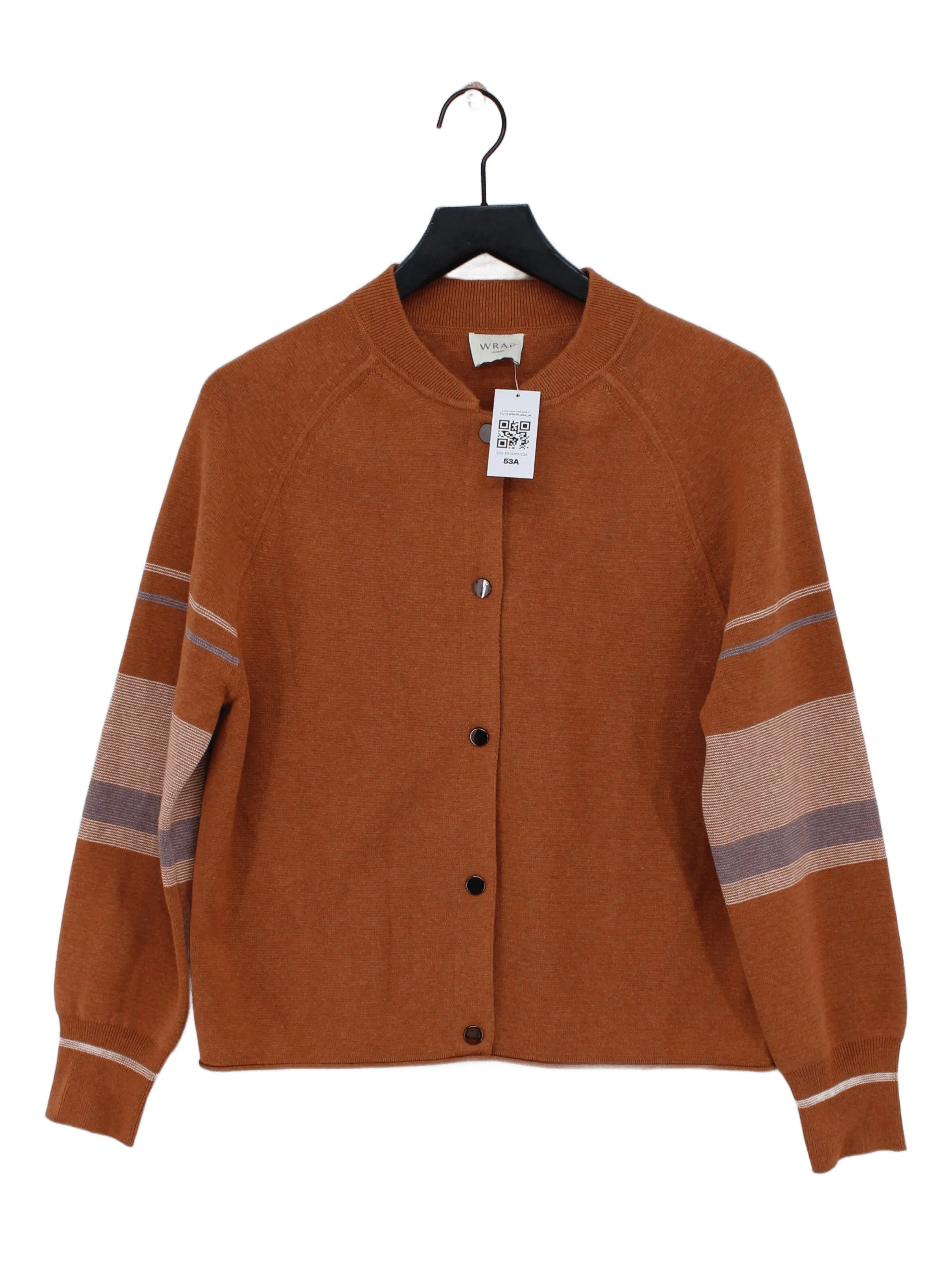 Wrap London Women's Cardigan UK 12 Brown Striped 100% Cotton Round Neck Cardigan