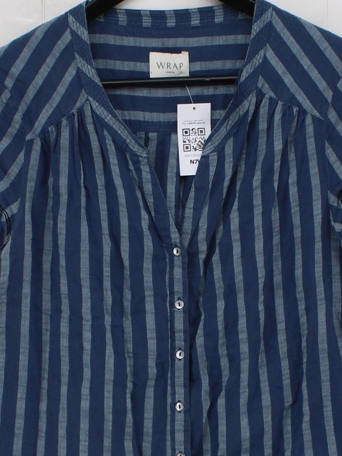 Wrap London Women's Shirt M Blue Striped 100% Cotton Short Sleeve V-Neck Basic - Image 3