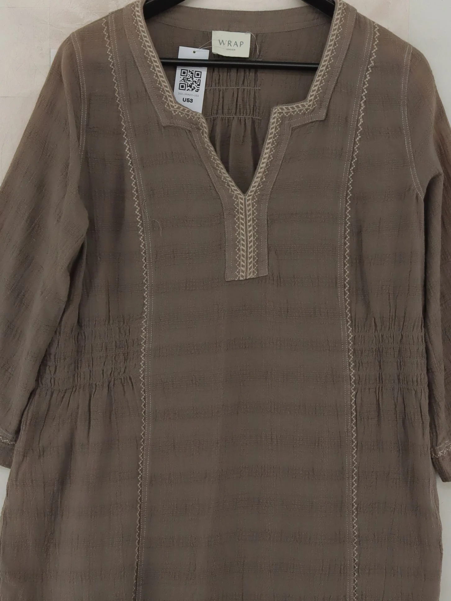 Wrap London Women's Top UK 16 Brown Linen with Cotton 3/4 Sleeve V-Neck Tunic - Image 3