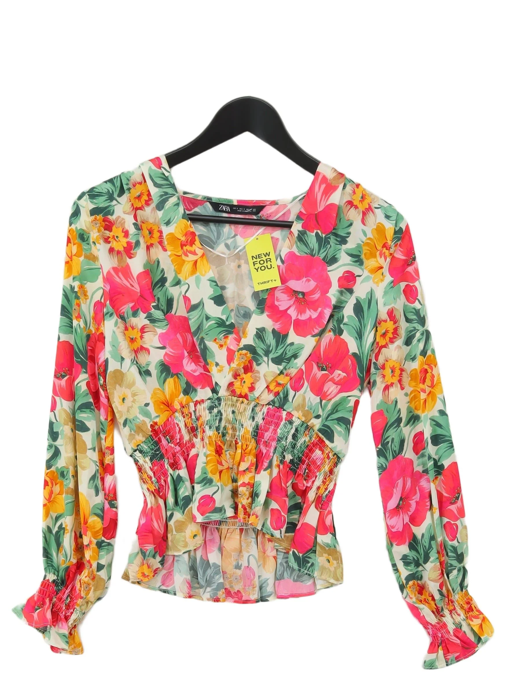 Zara Women's Blouse S Cream Floral 100% Polyester Long Sleeve V-Neck Basic