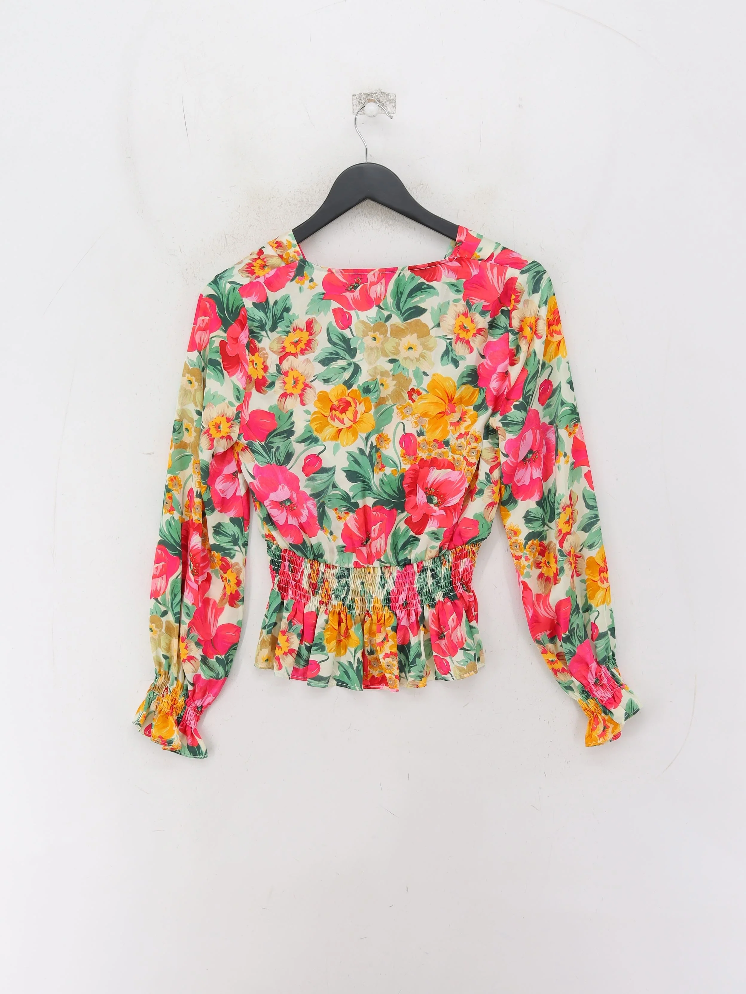Zara Women's Blouse S Cream Floral 100% Polyester Long Sleeve V-Neck Basic - Image 2